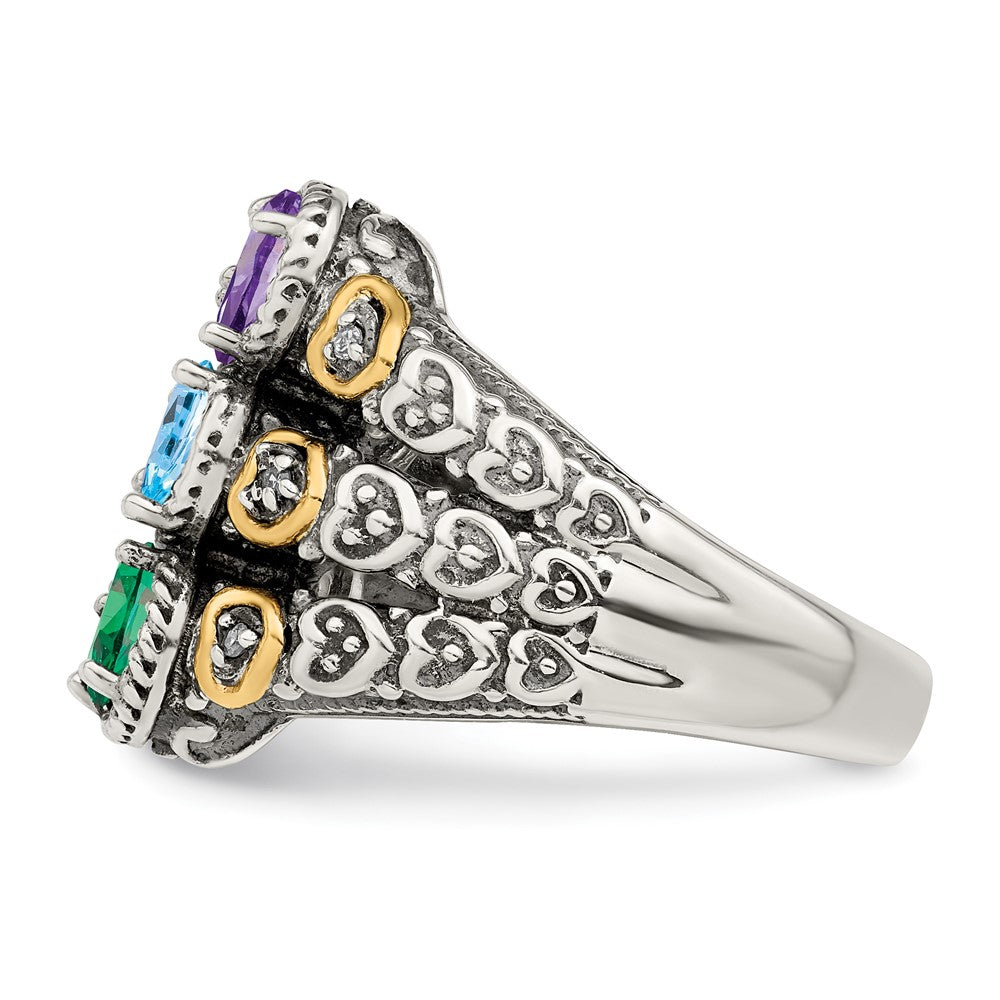 Sterling Silver Antiqued w/14k 5-stone w/Diamond Mother's Ring