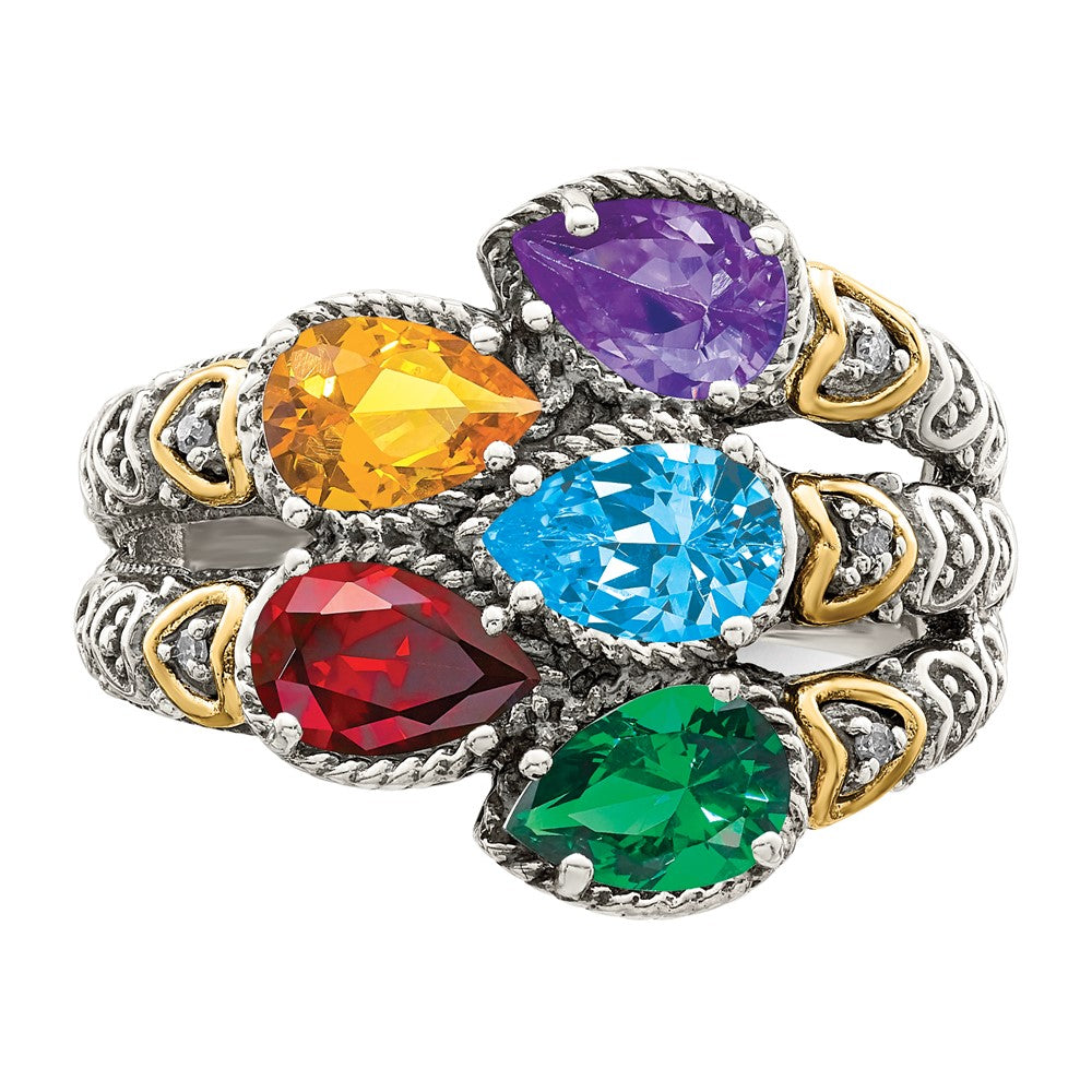 Sterling Silver Antiqued w/14k 5-stone w/Diamond Mother's Ring