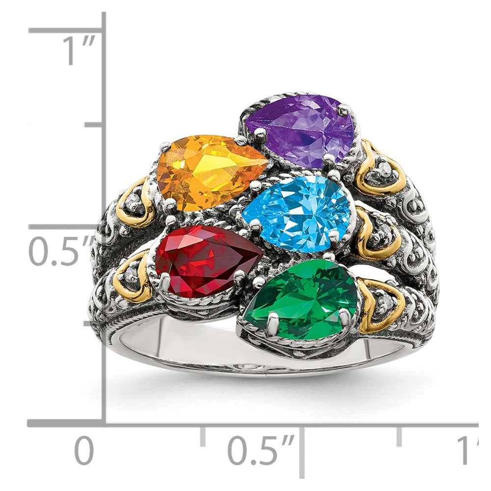 Sterling Silver Antiqued w/14k 5-stone w/Diamond Mother's Ring Semi-Mount