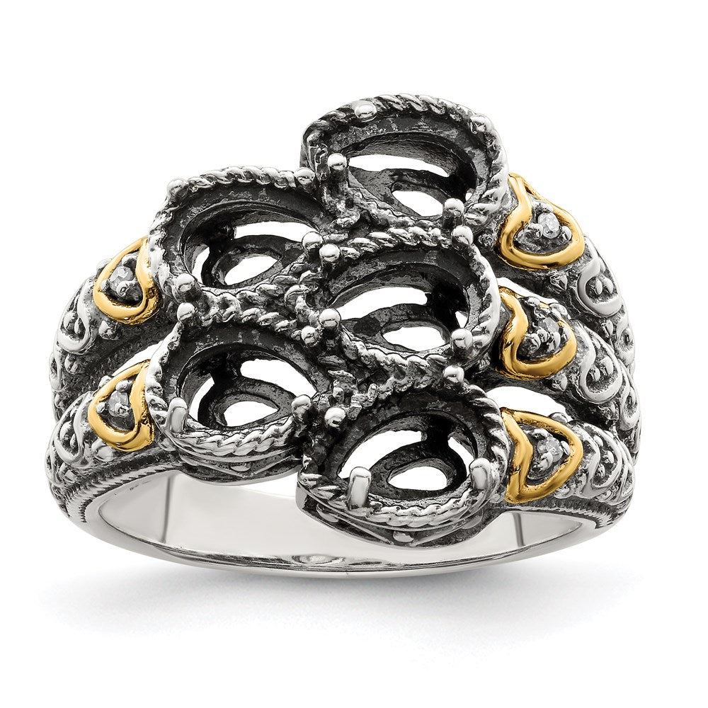 Sterling Silver Antiqued w/14k 5-stone w/Diamond Mother's Ring