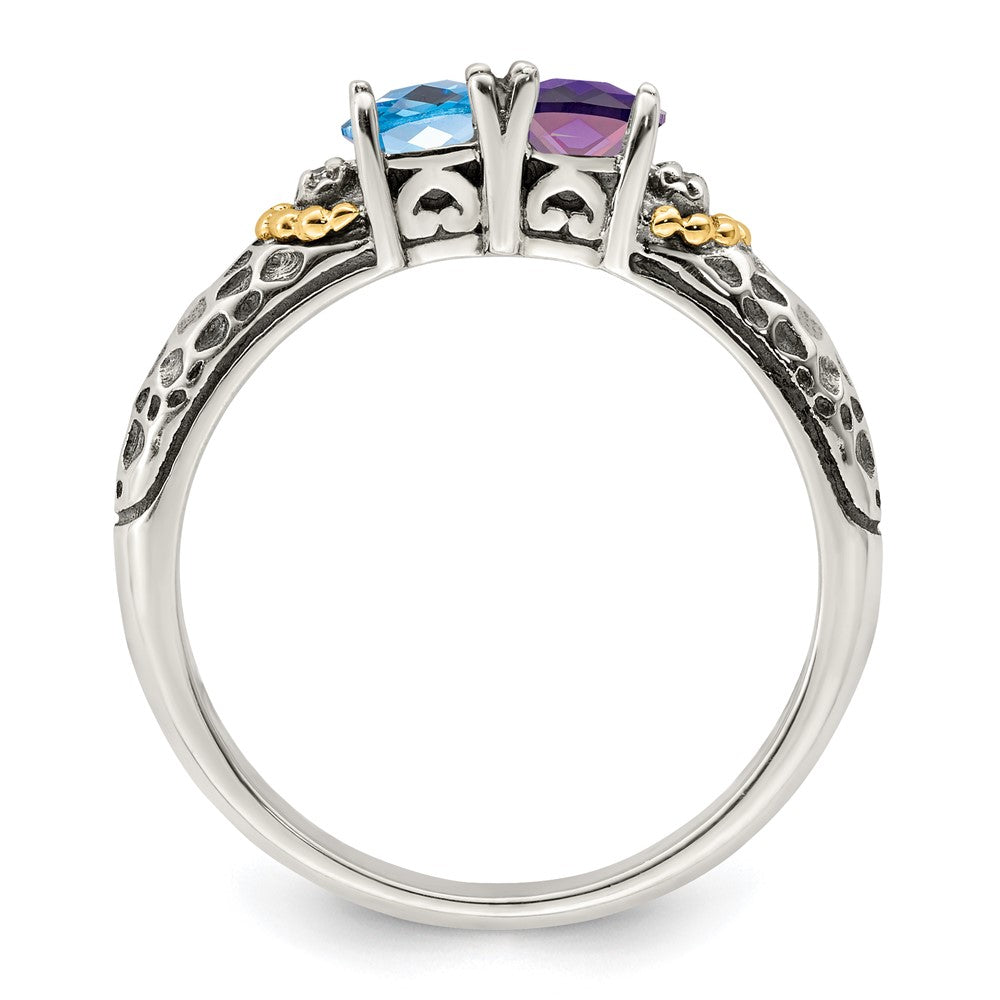 Sterling Silver Antiqued w/14k 2-stone w/Diamond Mother's Ring