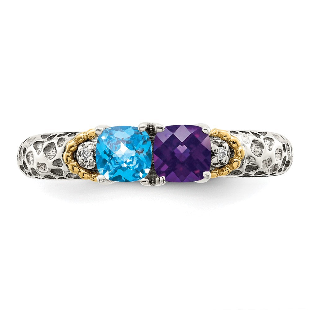 Sterling Silver Antiqued w/14k 2-stone w/Diamond Mother's Ring Semi-Mount