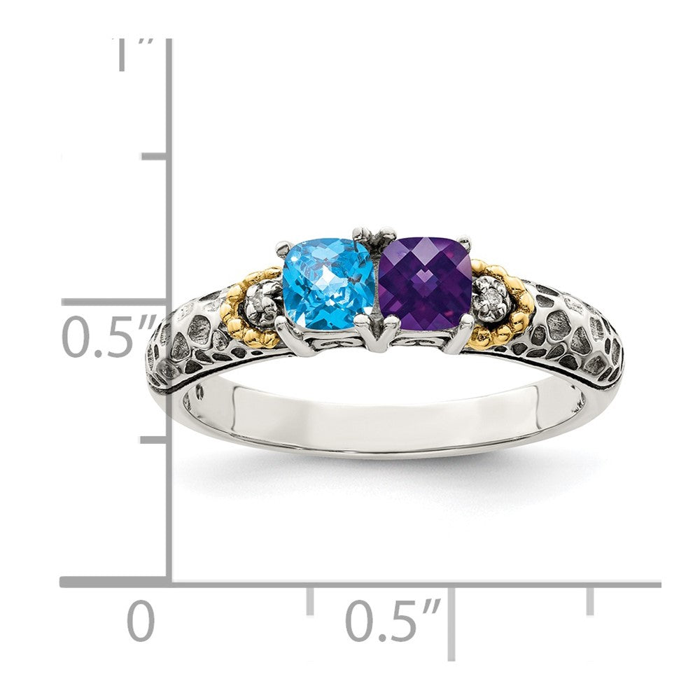 Sterling Silver Antiqued w/14k 2-stone w/Diamond Mother's Ring Semi-Mount