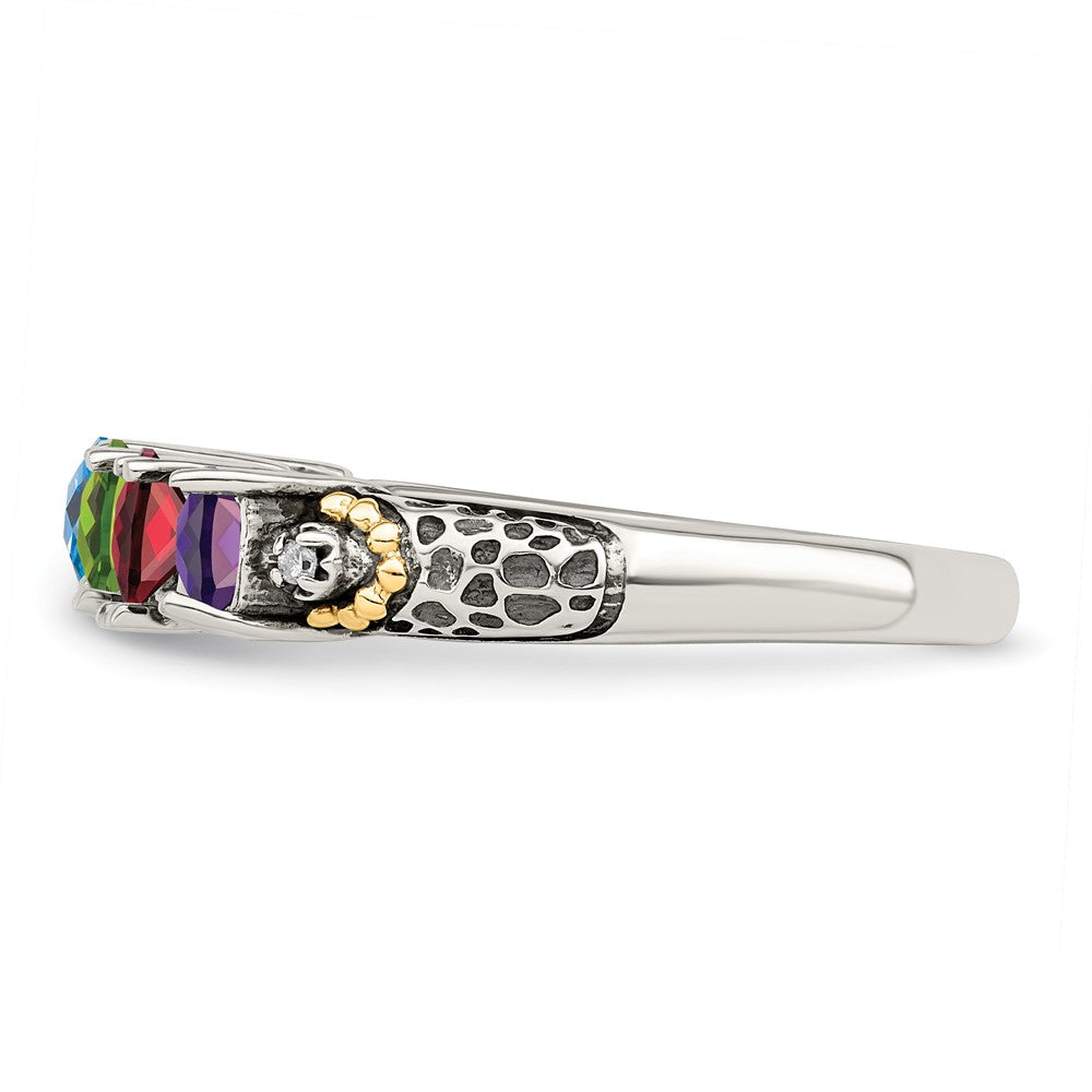 Sterling Silver Antiqued w/14k 4-stone w/Diamond Mother's Ring Semi-Mount