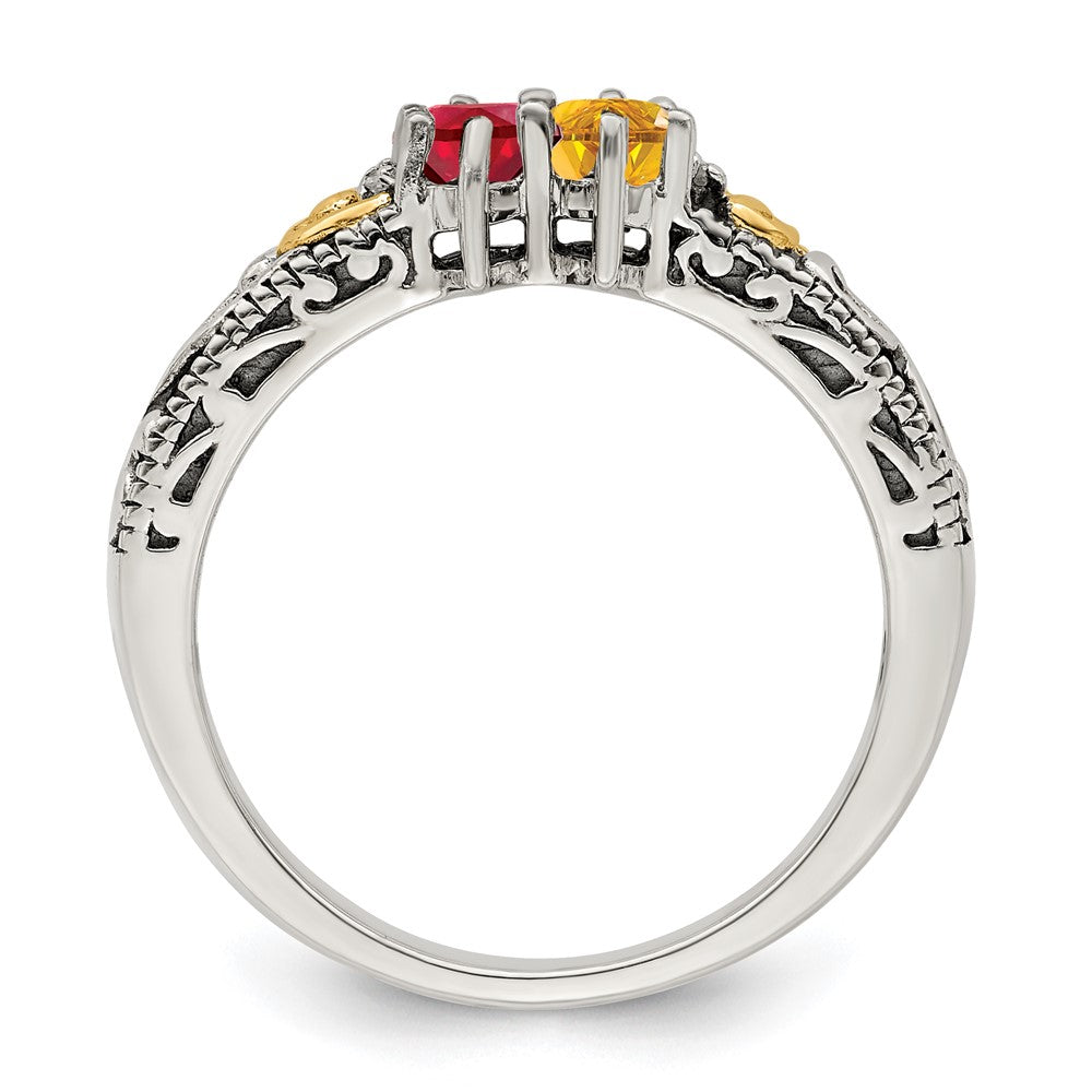 Sterling Silver Antiqued w/14k 2-stone w/Diamond Mother's Ring