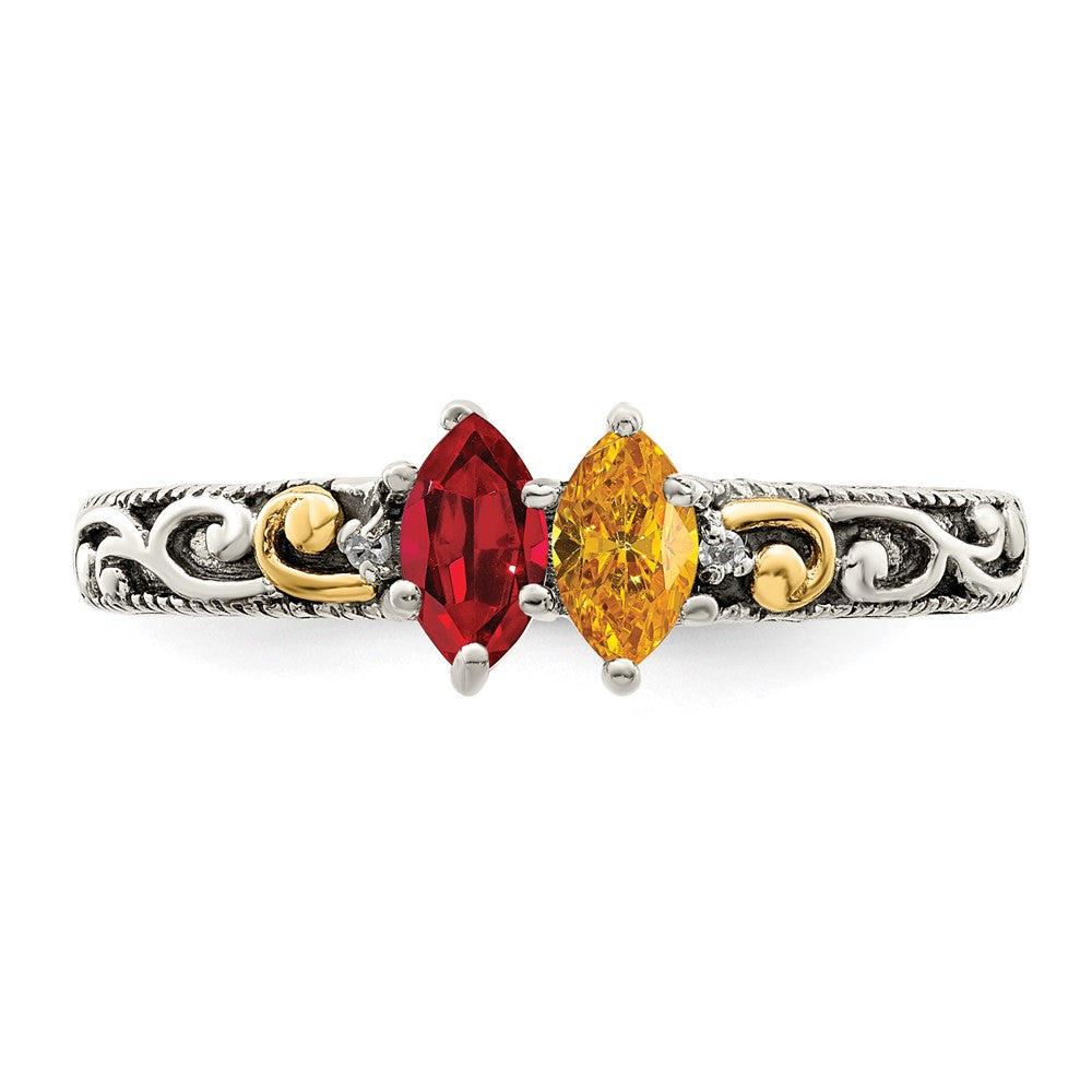 Sterling Silver Antiqued w/14k 2-stone w/Diamond Mother's Ring