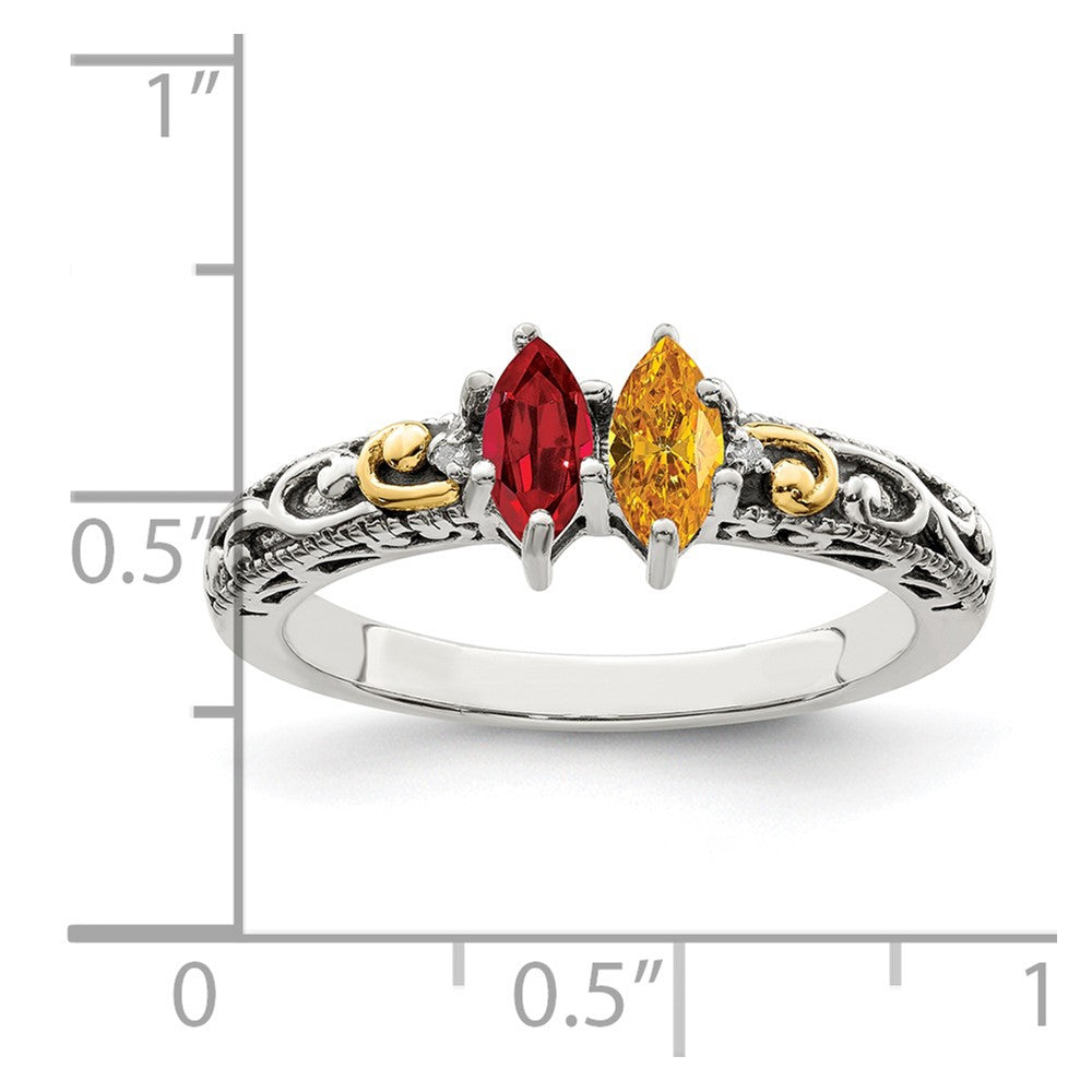 Sterling Silver Antiqued w/14k 2-stone w/Diamond Mother's Ring