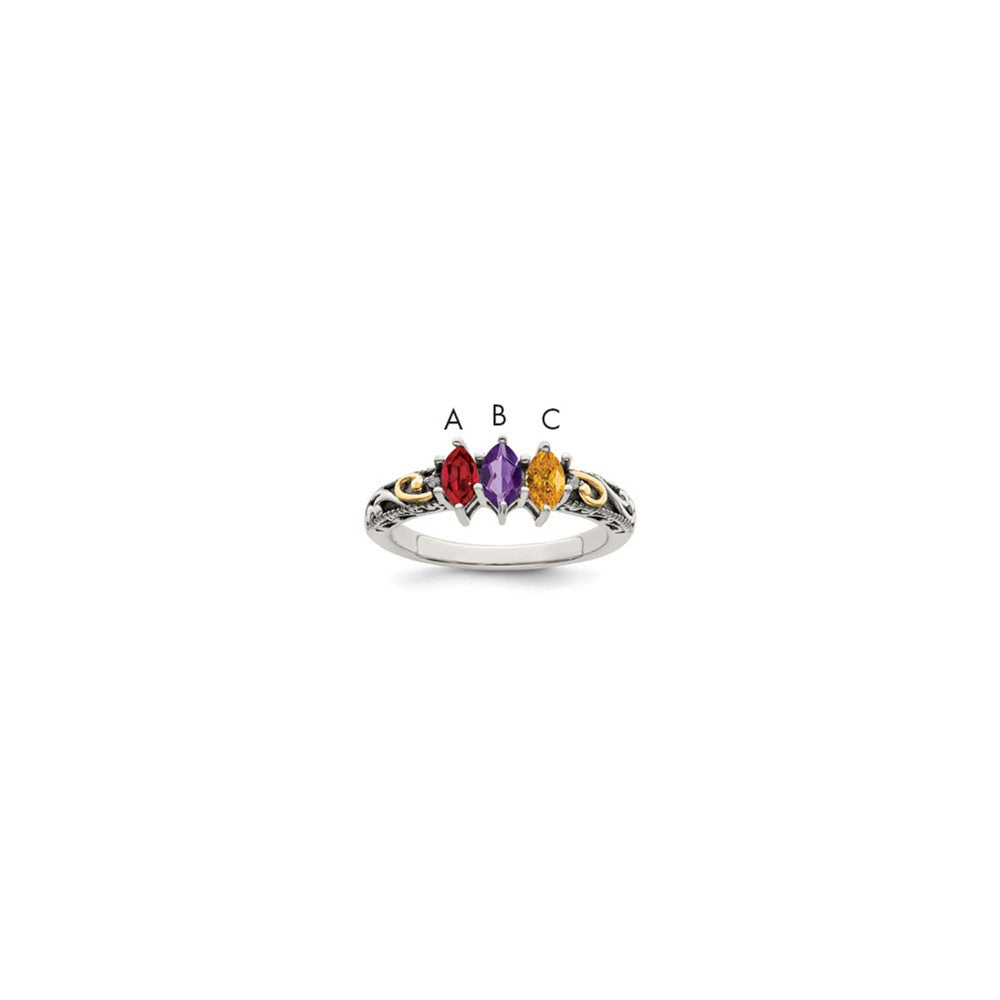 Sterling Silver Antiqued w/14k 3-stone w/Diamond Mother's Ring Semi-Mount