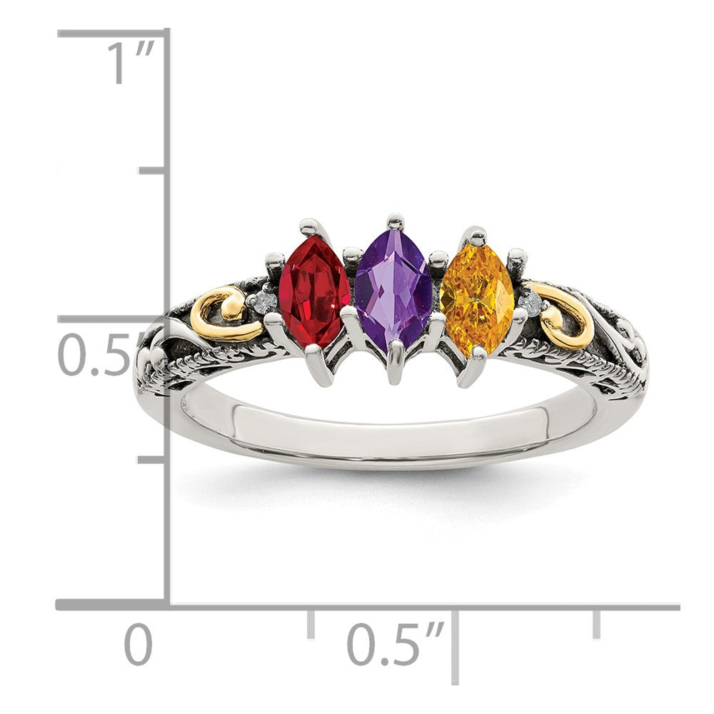 Sterling Silver Antiqued w/14k 3-stone w/Diamond Mother's Ring Semi-Mount