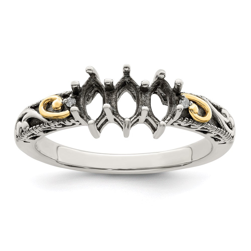 Sterling Silver Antiqued w/14k 3-stone w/Diamond Mother's Ring Semi-Mount