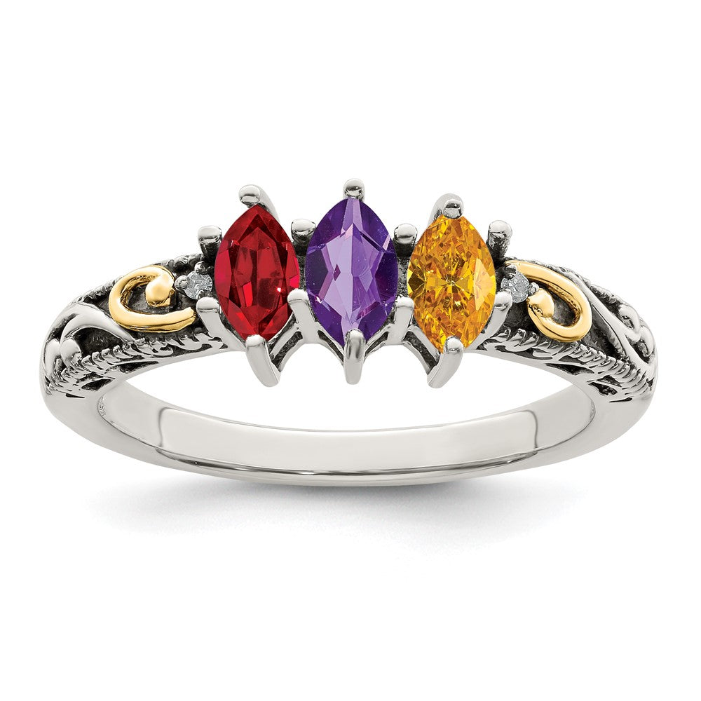 Sterling Silver Antiqued w/14k 3-stone w/Diamond Mother's Ring Semi-Mount