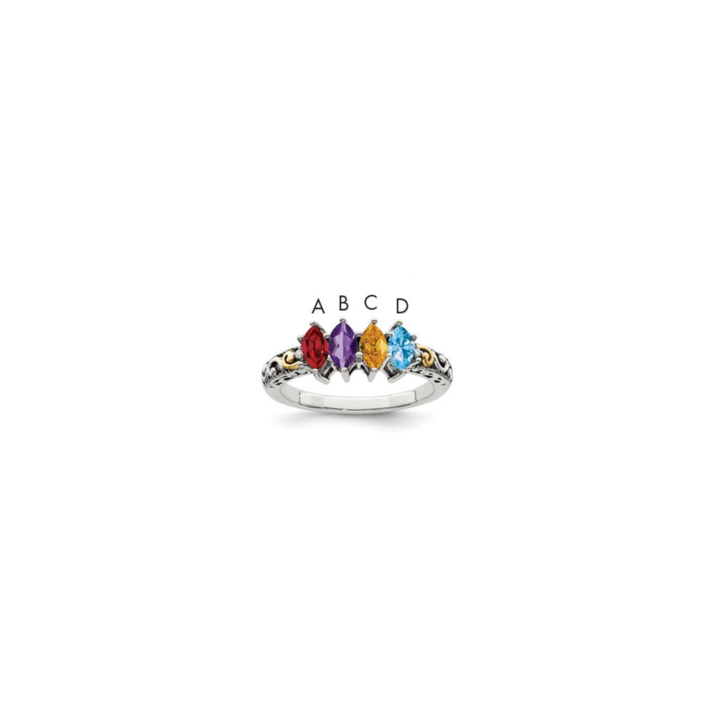 Sterling Silver Antiqued w/14k 4-stone w/Diamond Mother's Ring Semi-Mount