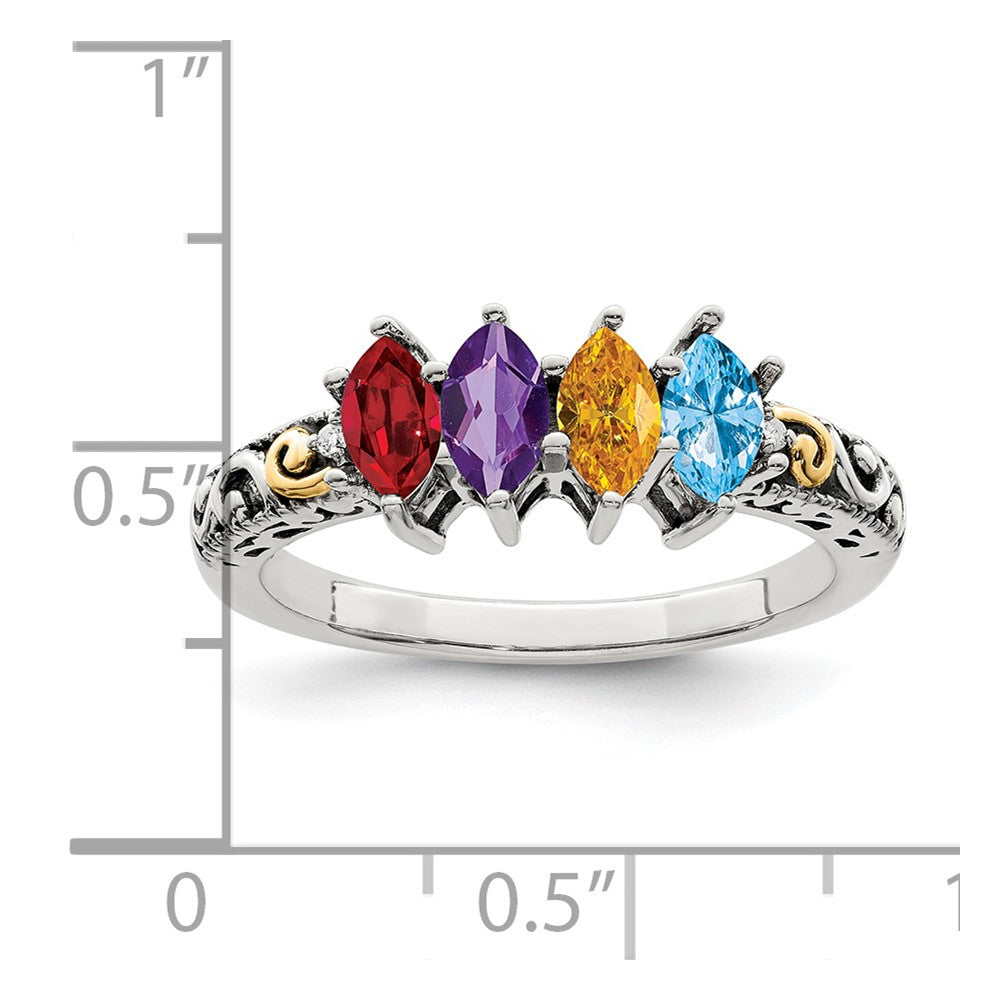 Sterling Silver Antiqued w/14k 4-stone w/Diamond Mother's Ring