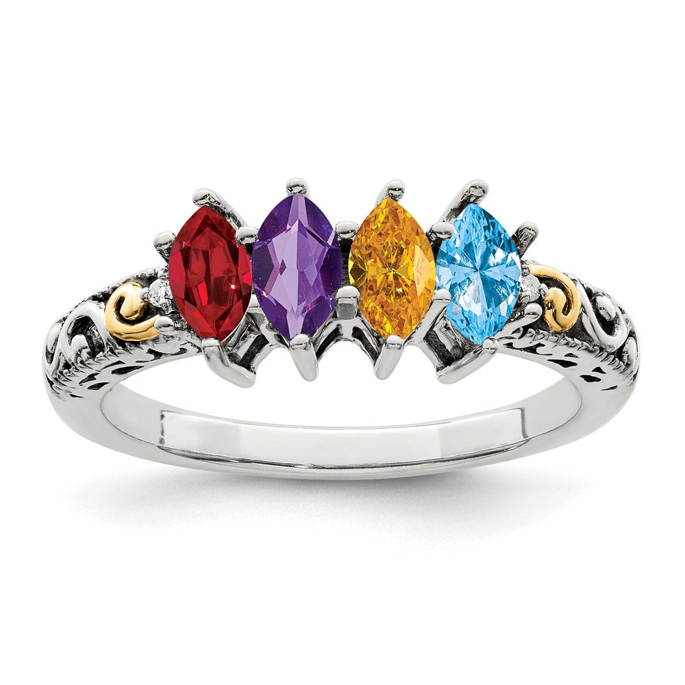 Sterling Silver Antiqued w/14k 4-stone w/Diamond Mother's Ring Semi-Mount