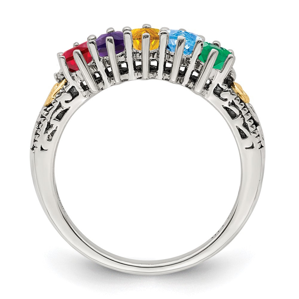 Sterling Silver Antiqued w/14k 5-stone w/Diamond Mother's Ring
