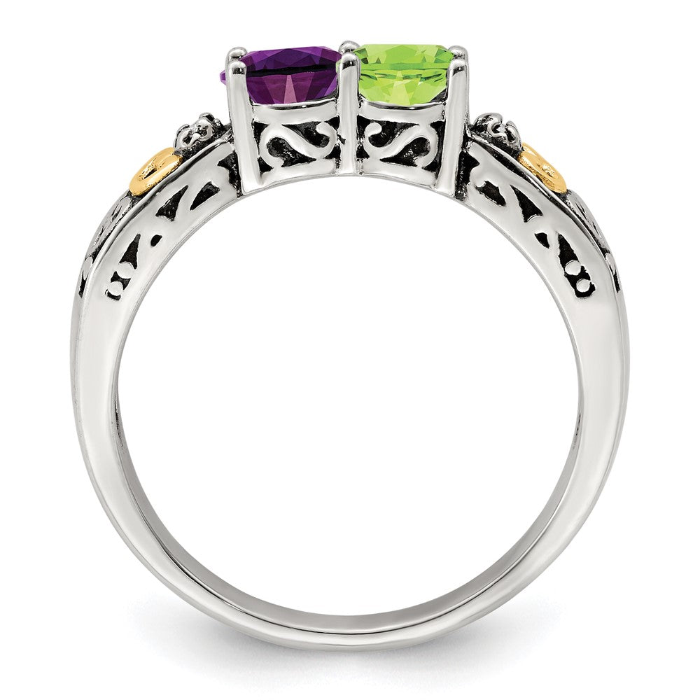 Sterling Silver Antiqued w/14k 2-stone w/Diamond Mother's Ring