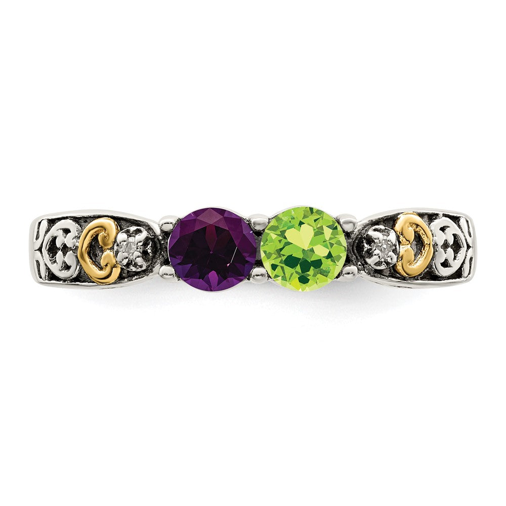 Sterling Silver Antiqued w/14k 2-stone w/Diamond Mother's Ring