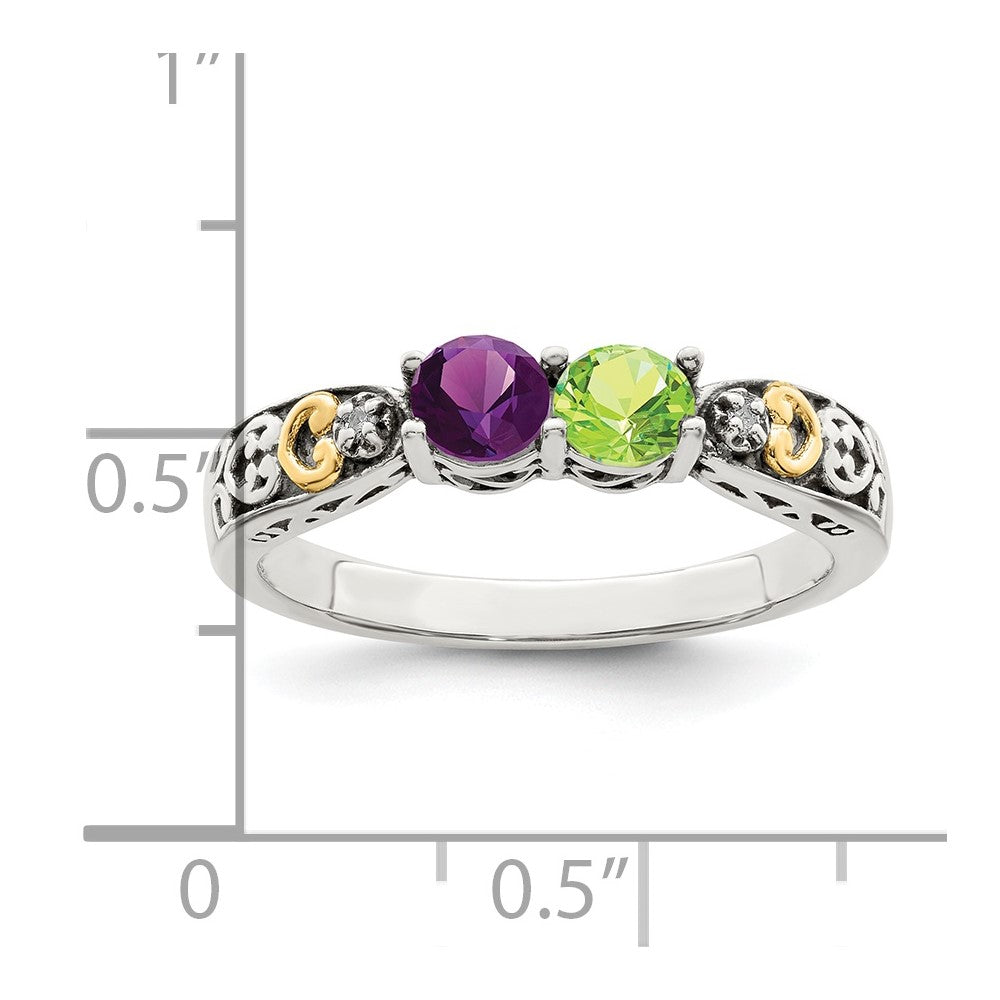 Sterling Silver Antiqued w/14k 2-stone w/Diamond Mother's Ring
