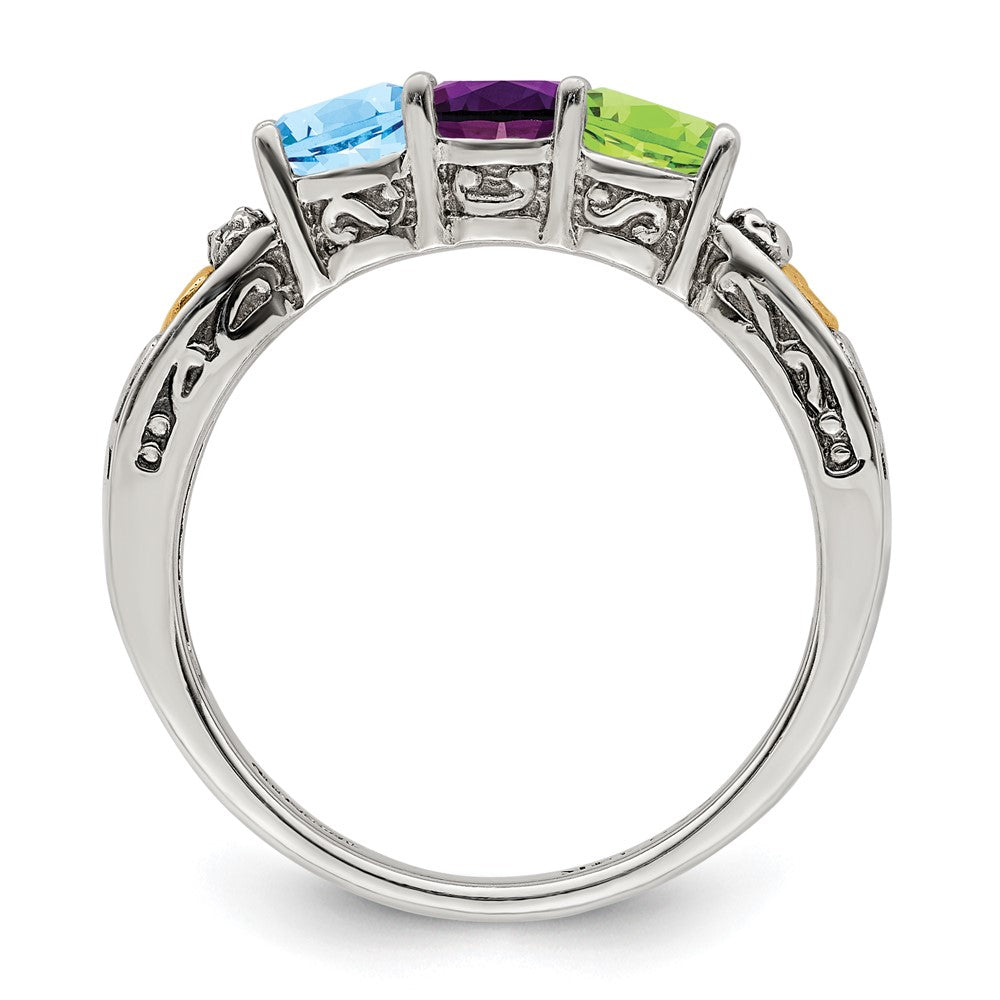 Sterling Silver Antiqued w/14k 3-stone w/Diamond Mother's Ring Semi-Mount