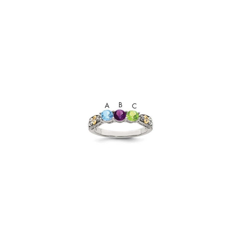 Sterling Silver Antiqued w/14k 3-stone w/Diamond Mother's Ring Semi-Mount
