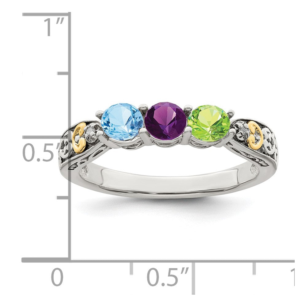Sterling Silver Antiqued w/14k 3-stone w/Diamond Mother's Ring