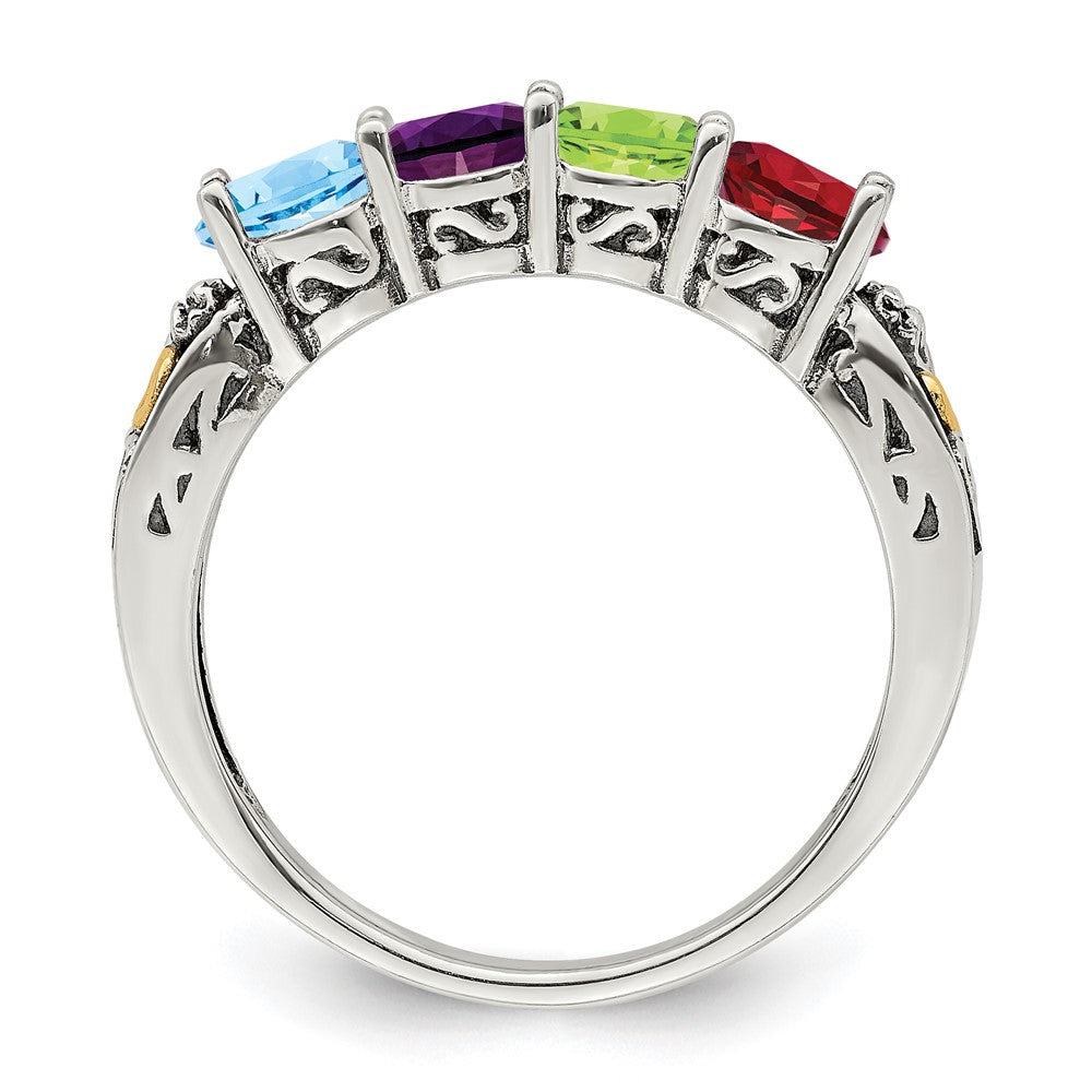 Sterling Silver Antiqued w/14k 4-stone w/Diamond Mother's Ring Semi-Mount
