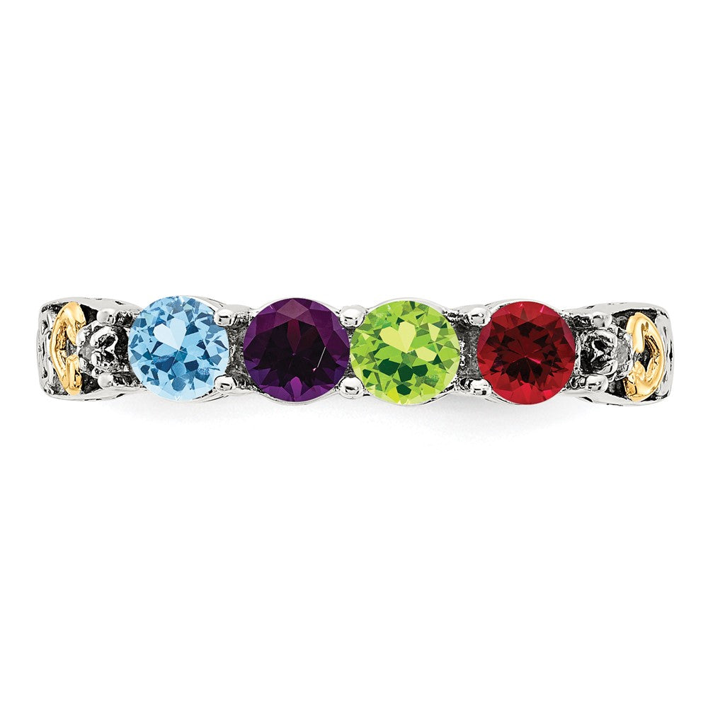 Sterling Silver Antiqued w/14k 4-stone w/Diamond Mother's Ring Semi-Mount