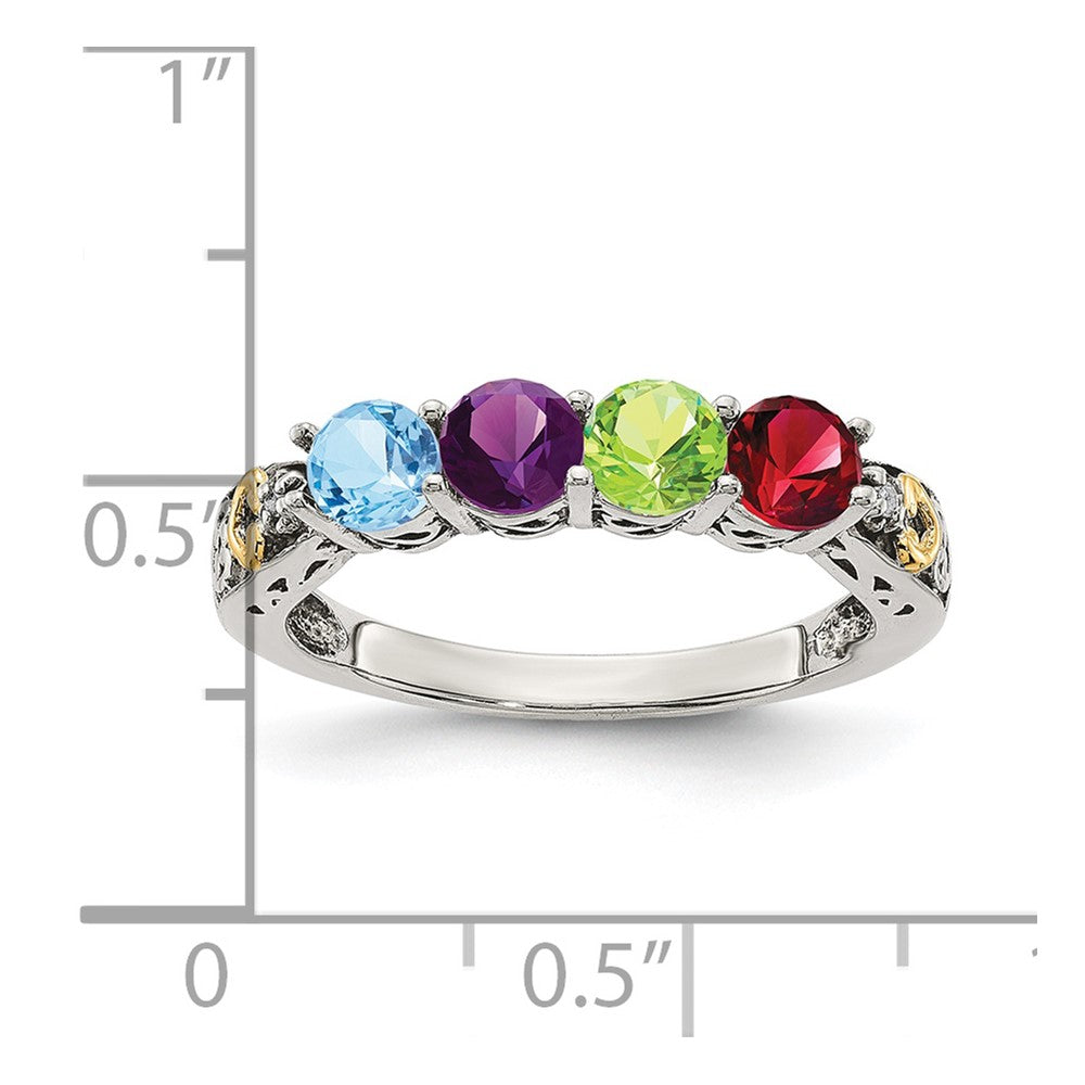 Sterling Silver Antiqued w/14k 4-stone w/Diamond Mother's Ring Semi-Mount