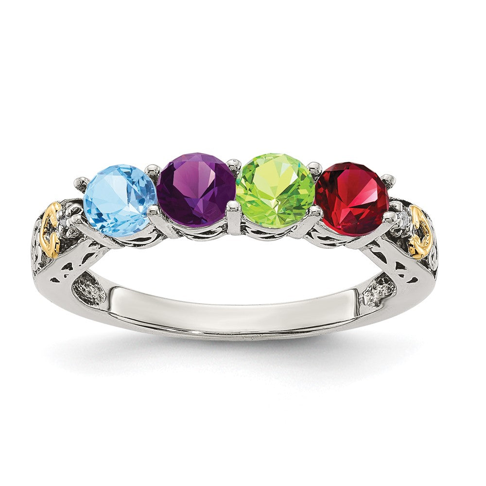 Sterling Silver Antiqued w/14k 4-stone w/Diamond Mother's Ring