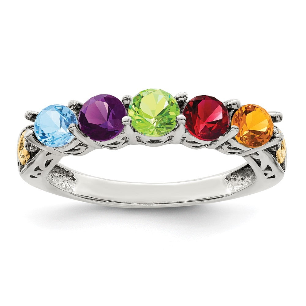 Sterling Silver Antiqued w/14k 5-stone w/Diamond Mother's Ring