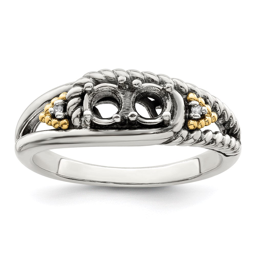 Sterling Silver Antiqued w/14k 2-stone w/Diamond Mother's Ring Semi-Mount