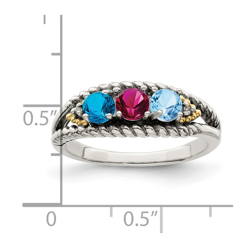 Sterling Silver Antiqued w/14k 3-stone w/Diamond Mother's Ring Semi-Mount