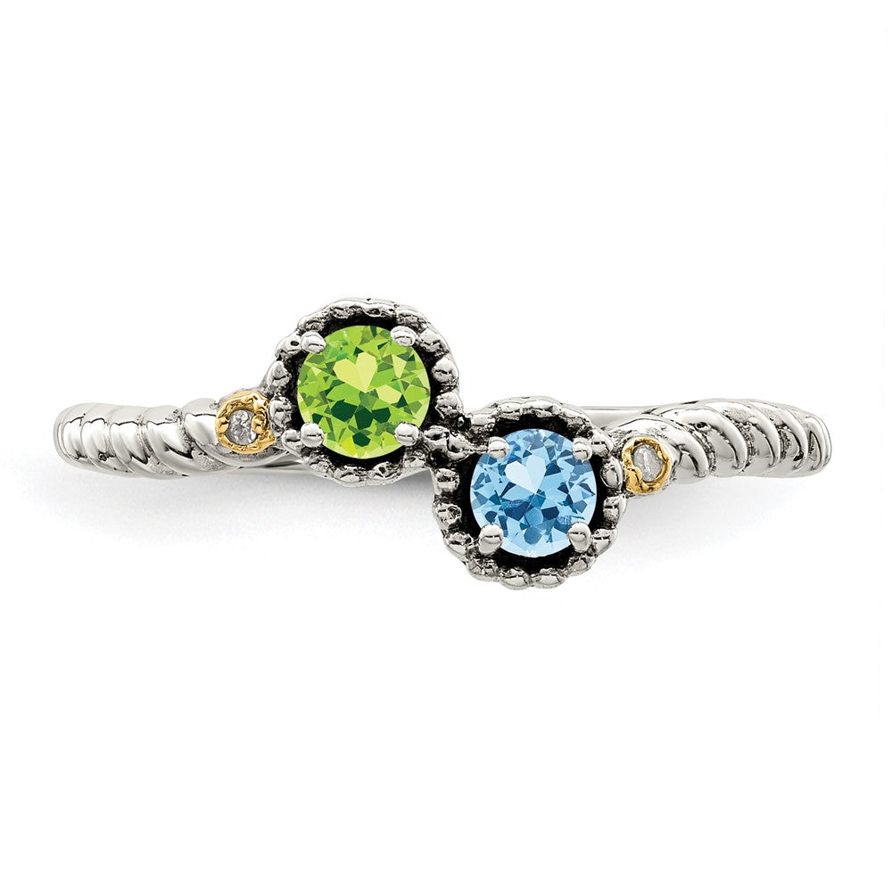 Sterling Silver Antiqued w/14k 2-stone w/Diamond Mother's Ring