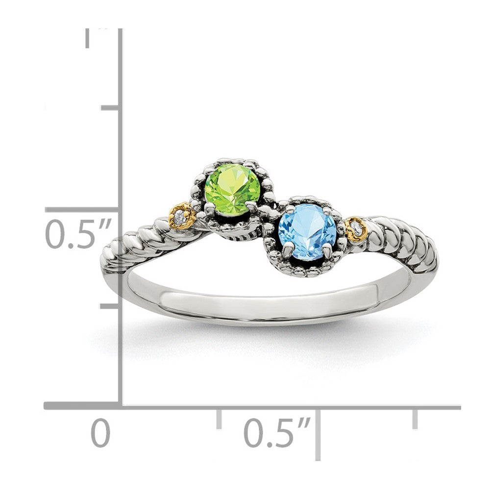 Sterling Silver Antiqued w/14k 2-stone w/Diamond Mother's Ring Semi-Mount