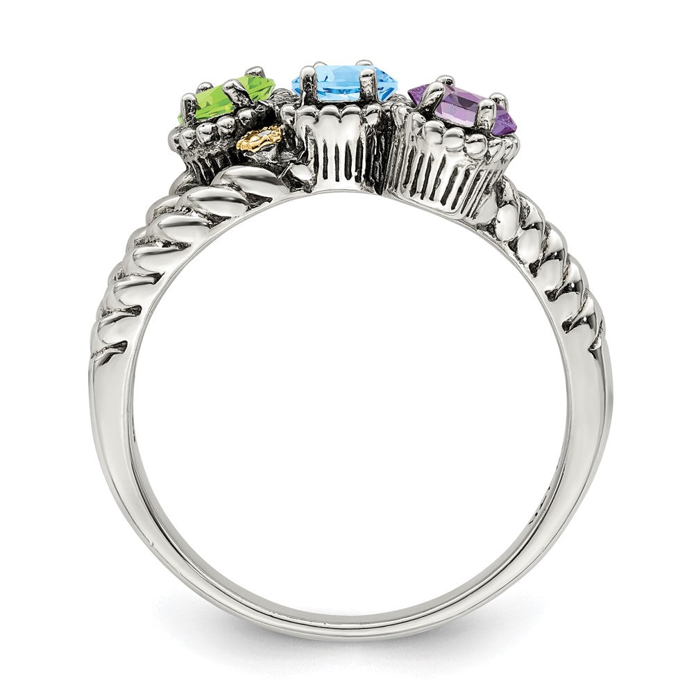 Sterling Silver Antiqued w/14k 3-stone w/Diamond Mother's Ring