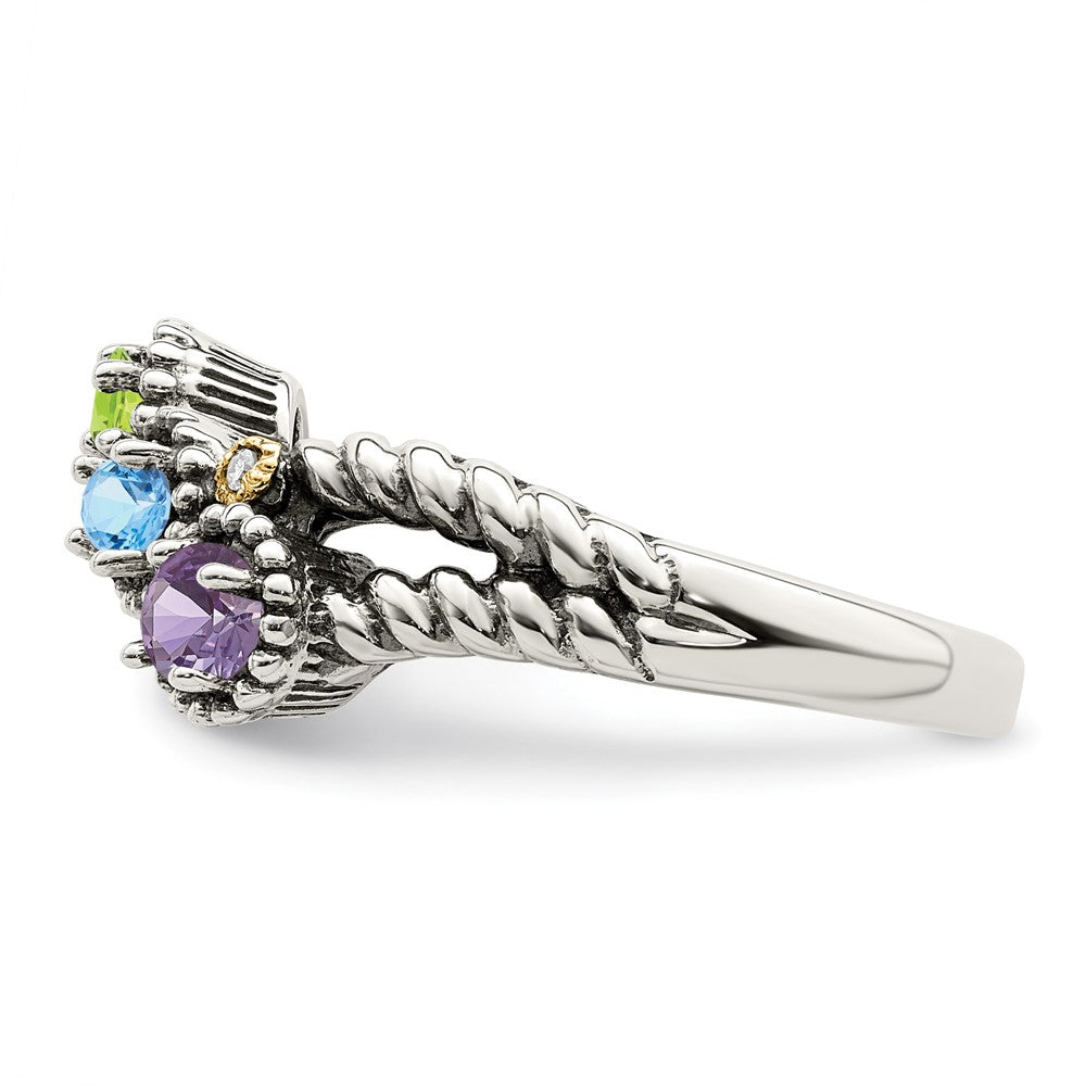 Sterling Silver Antiqued w/14k 3-stone w/Diamond Mother's Ring