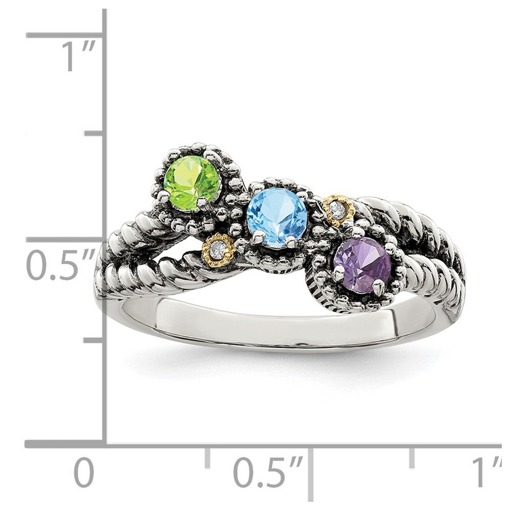 Sterling Silver Antiqued w/14k 3-stone w/Diamond Mother's Ring Semi-Mount