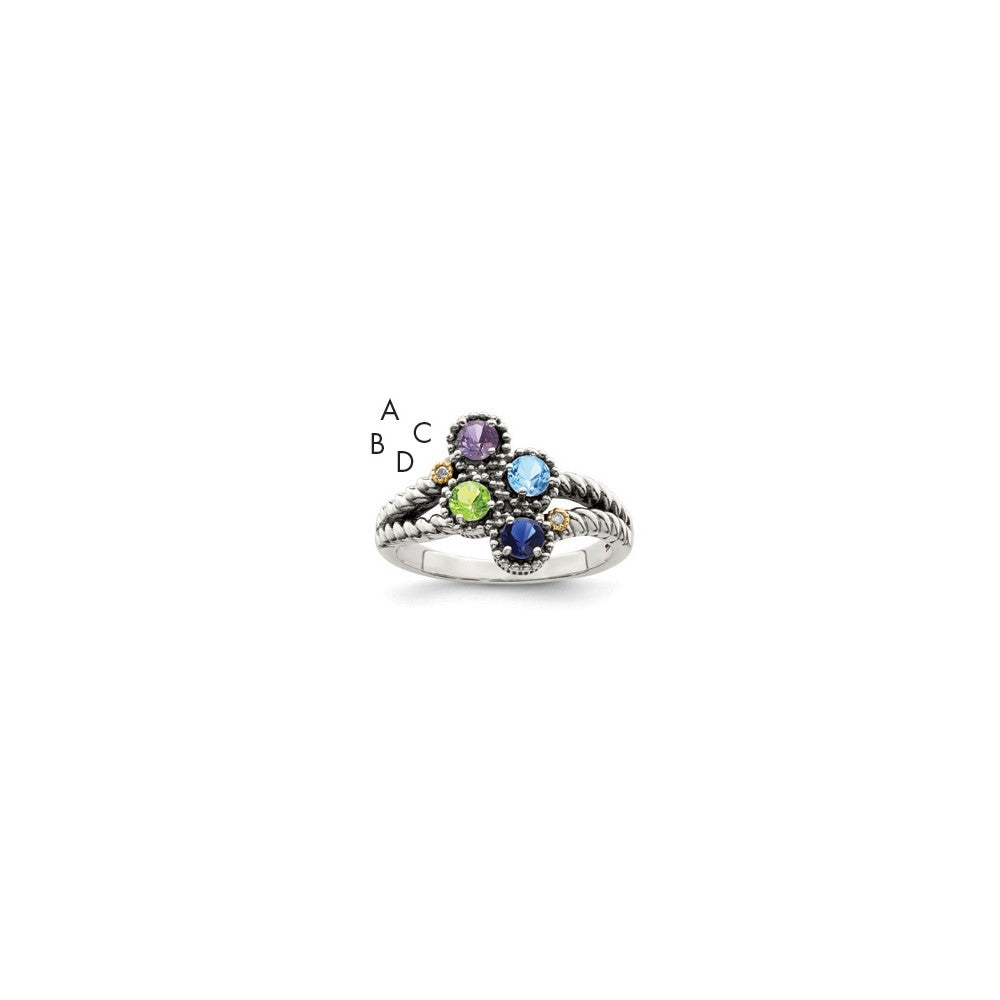 Sterling Silver Antiqued w/14k 4-stone w/Diamond Mother's Ring Semi-Mount
