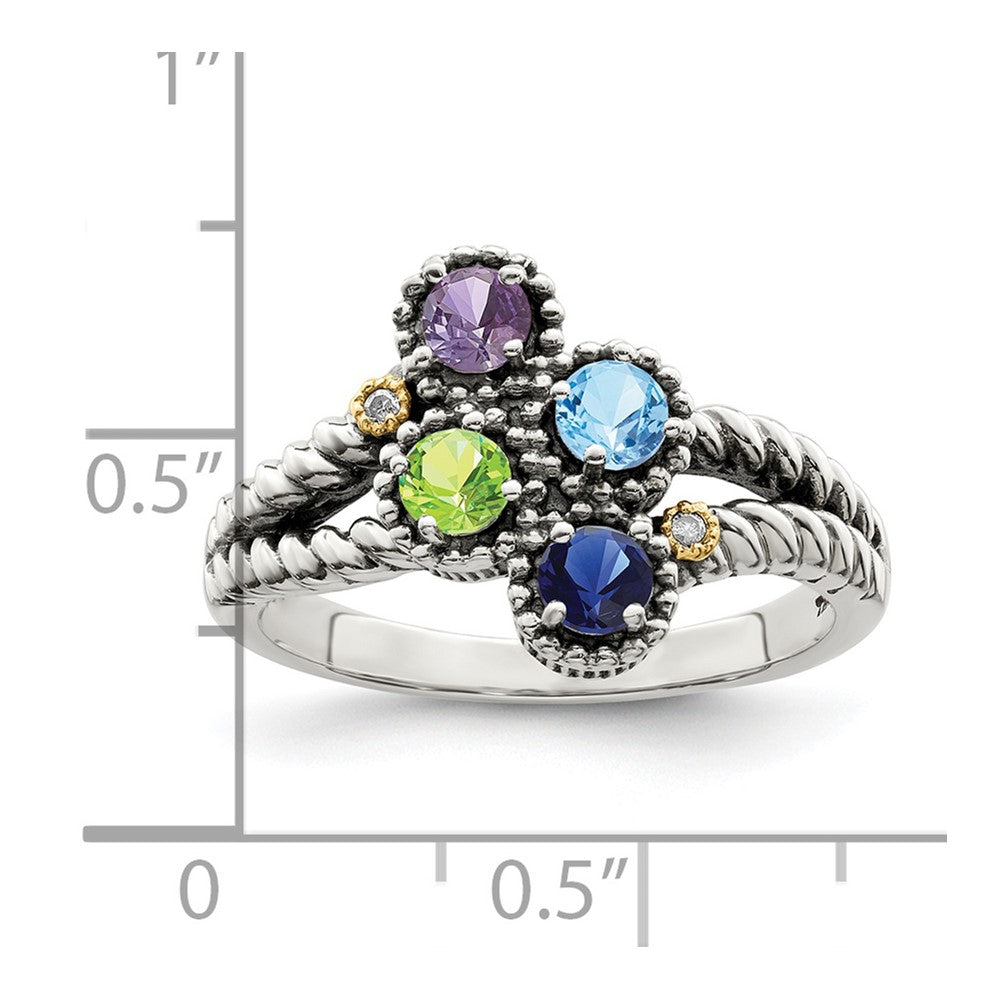 Sterling Silver Antiqued w/14k 4-stone w/Diamond Mother's Ring Semi-Mount
