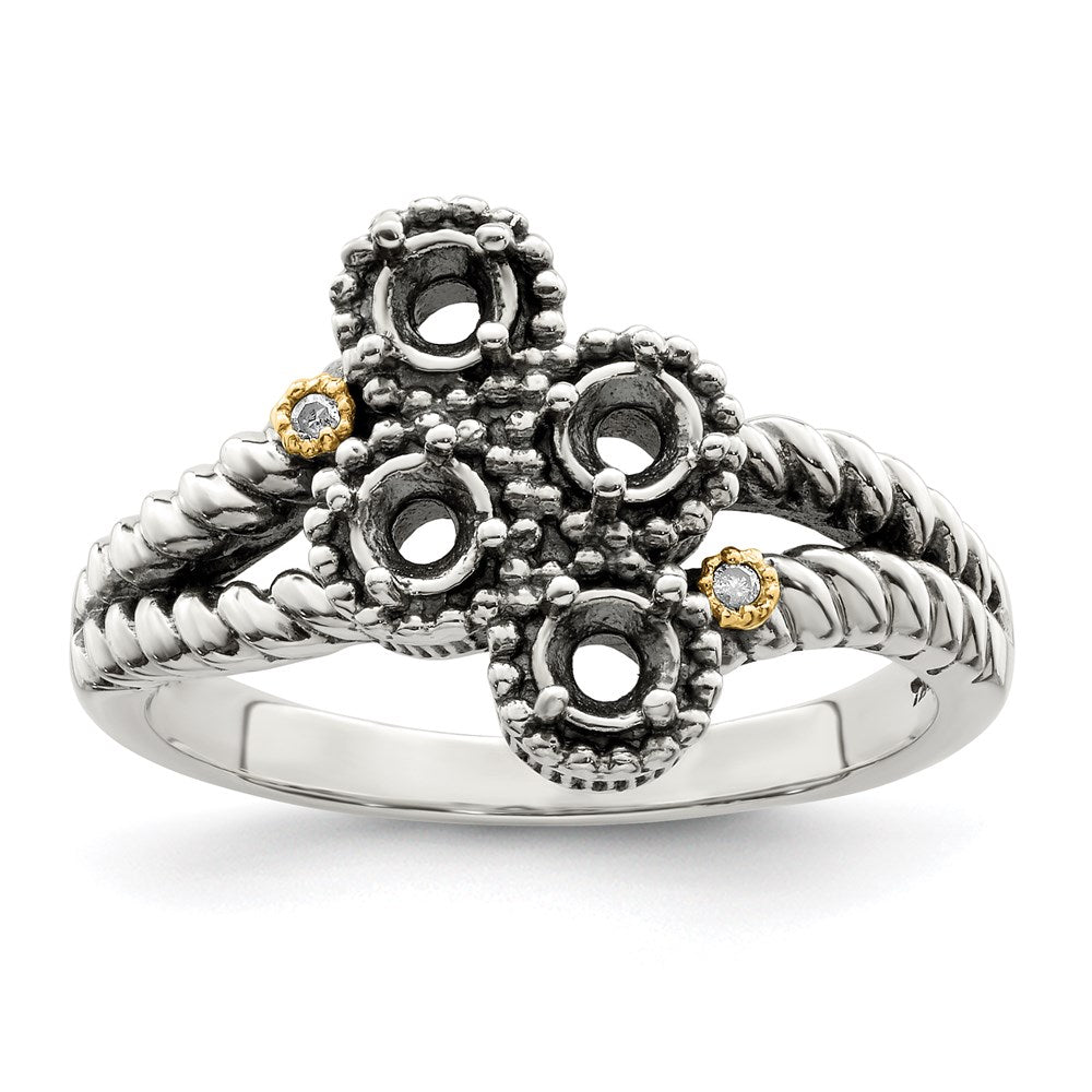 Sterling Silver Antiqued w/14k 4-stone w/Diamond Mother's Ring