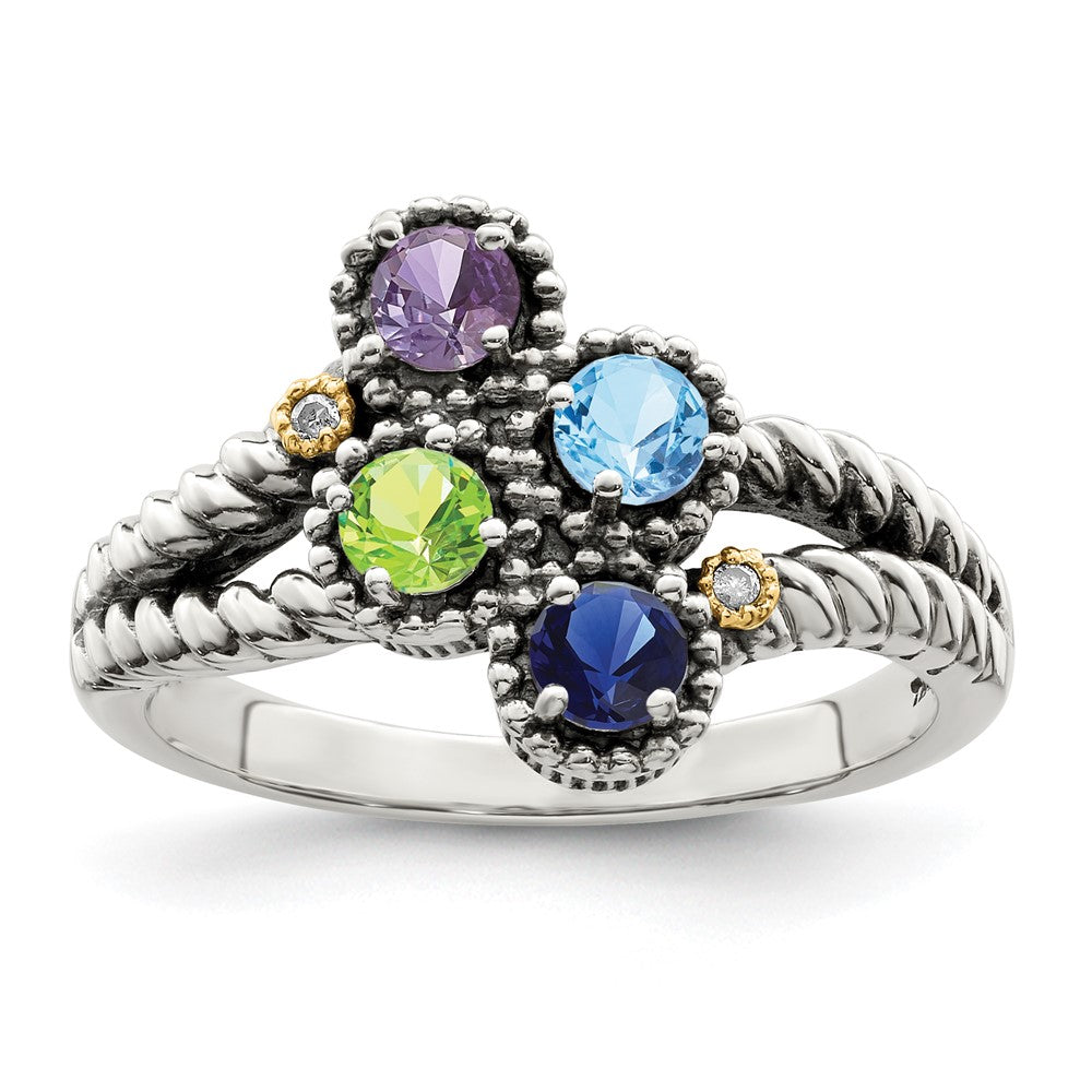 Sterling Silver Antiqued w/14k 4-stone w/Diamond Mother's Ring Semi-Mount