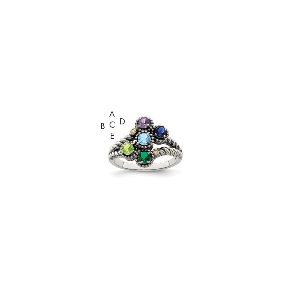Sterling Silver Antiqued w/14k 5-stone w/Diamond Mother's Ring Semi-Mount