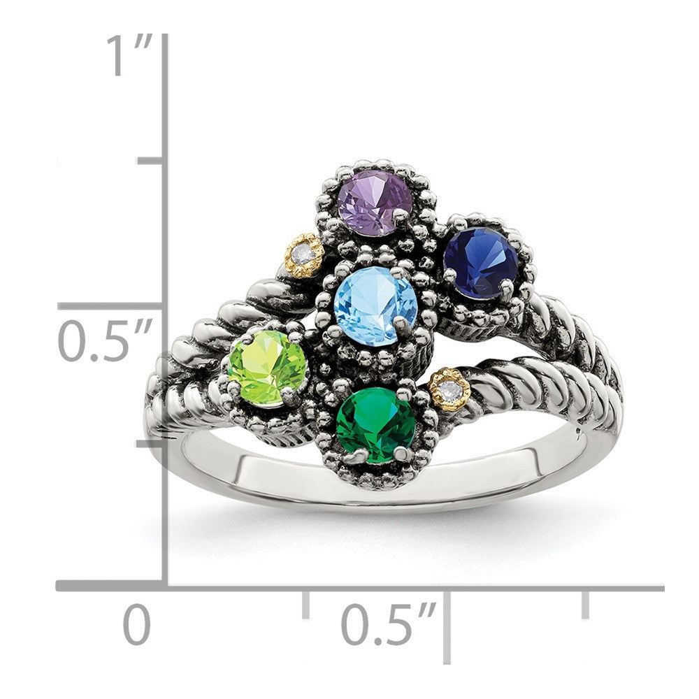 Sterling Silver Antiqued w/14k 5-stone w/Diamond Mother's Ring