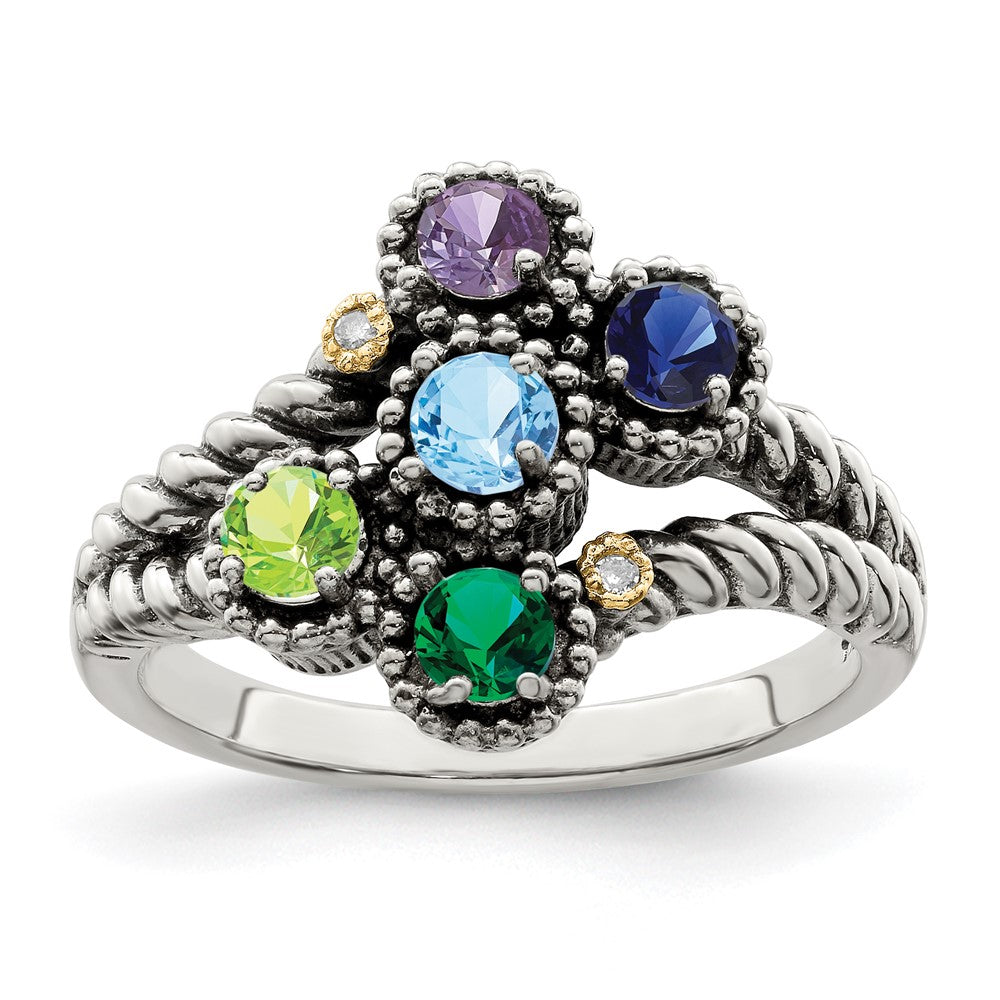 Sterling Silver Antiqued w/14k 5-stone w/Diamond Mother's Ring