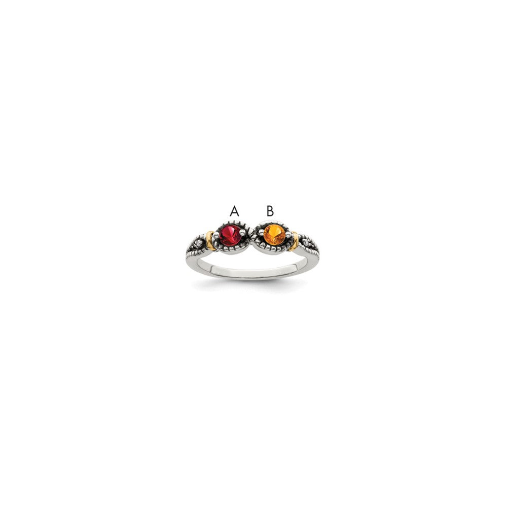 Sterling Silver Antiqued w/14k 2-stone w/Diamond Mother's Ring Semi-Mount