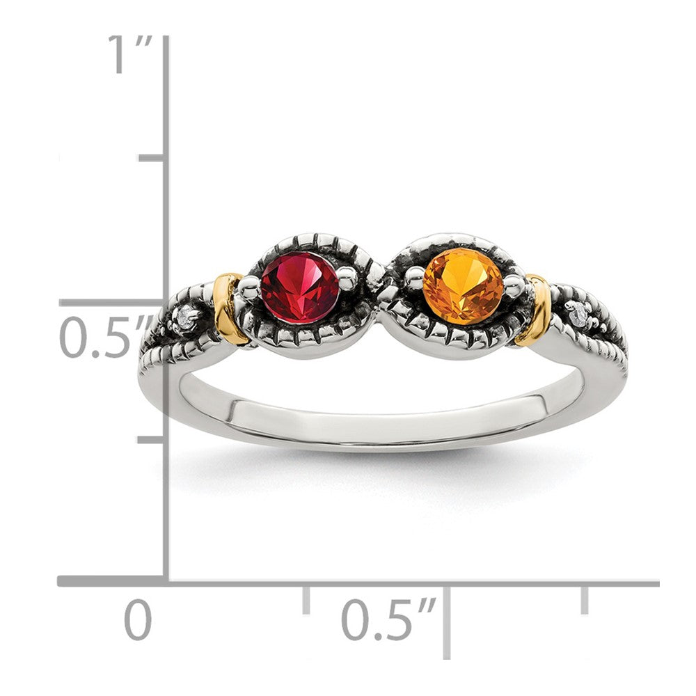 Sterling Silver Antiqued w/14k 2-stone w/Diamond Mother's Ring Semi-Mount