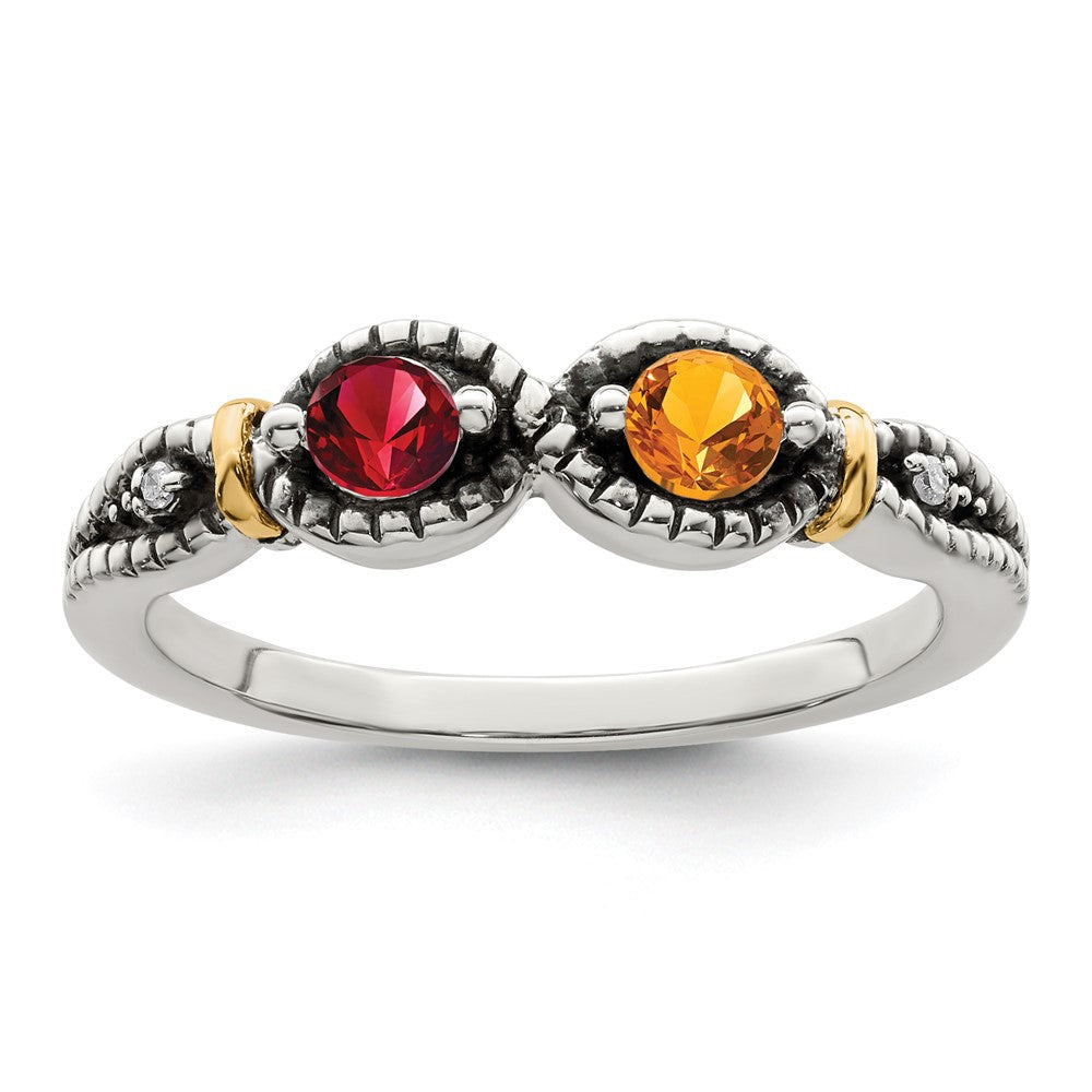 Sterling Silver Antiqued w/14k 2-stone w/Diamond Mother's Ring