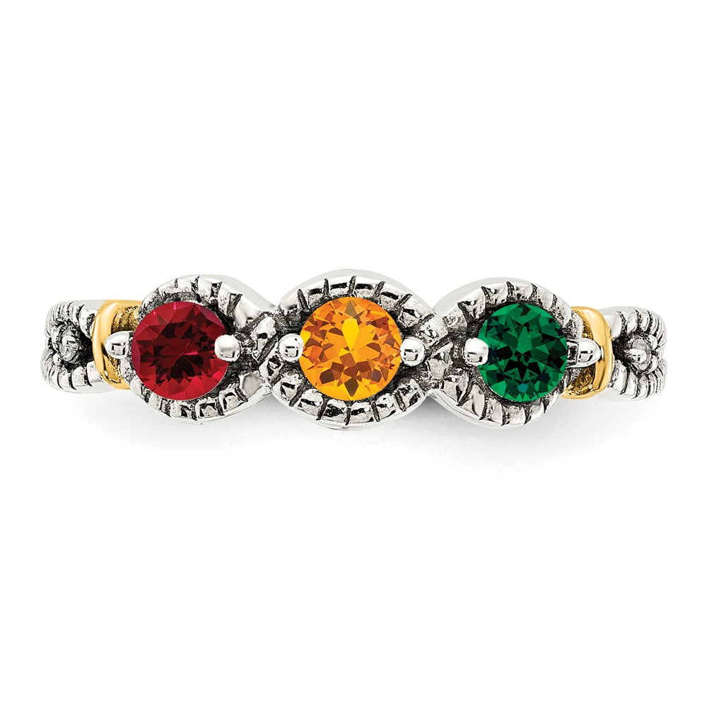 Sterling Silver Antiqued w/14k 3-stone w/Diamond Mother's Ring