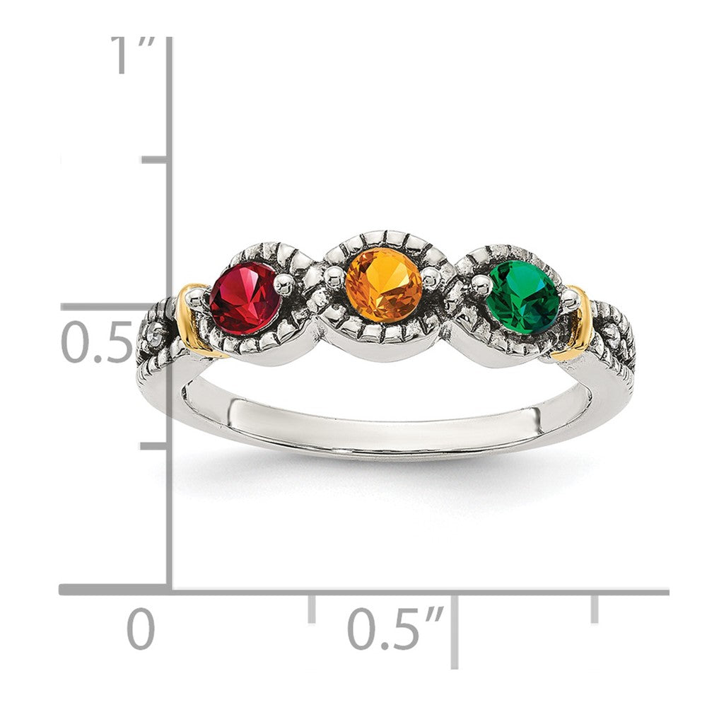 Sterling Silver Antiqued w/14k 3-stone w/Diamond Mother's Ring