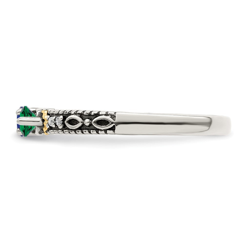 Sterling Silver Antiqued w/14k 2-stone w/Diamond Mother's Ring Semi-Mount